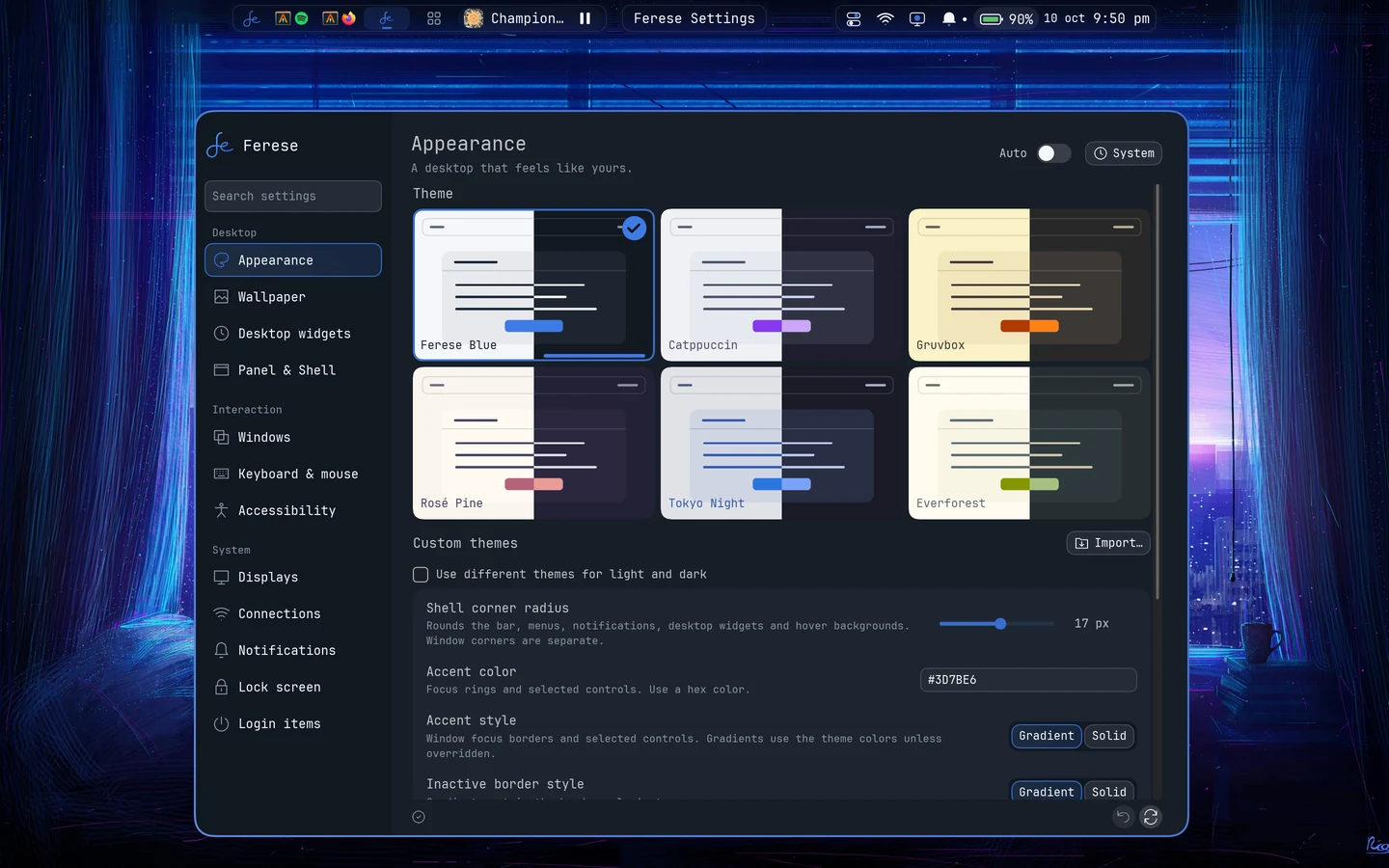 Appearance settings showing six themes with paired light and dark colors, plus corner and accent controls.