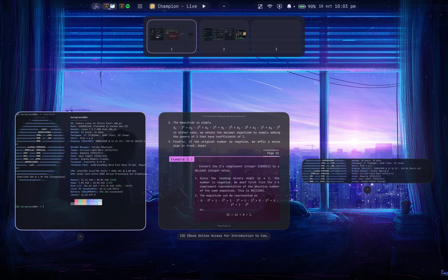 Overview with open windows below a strip of three workspace previews.